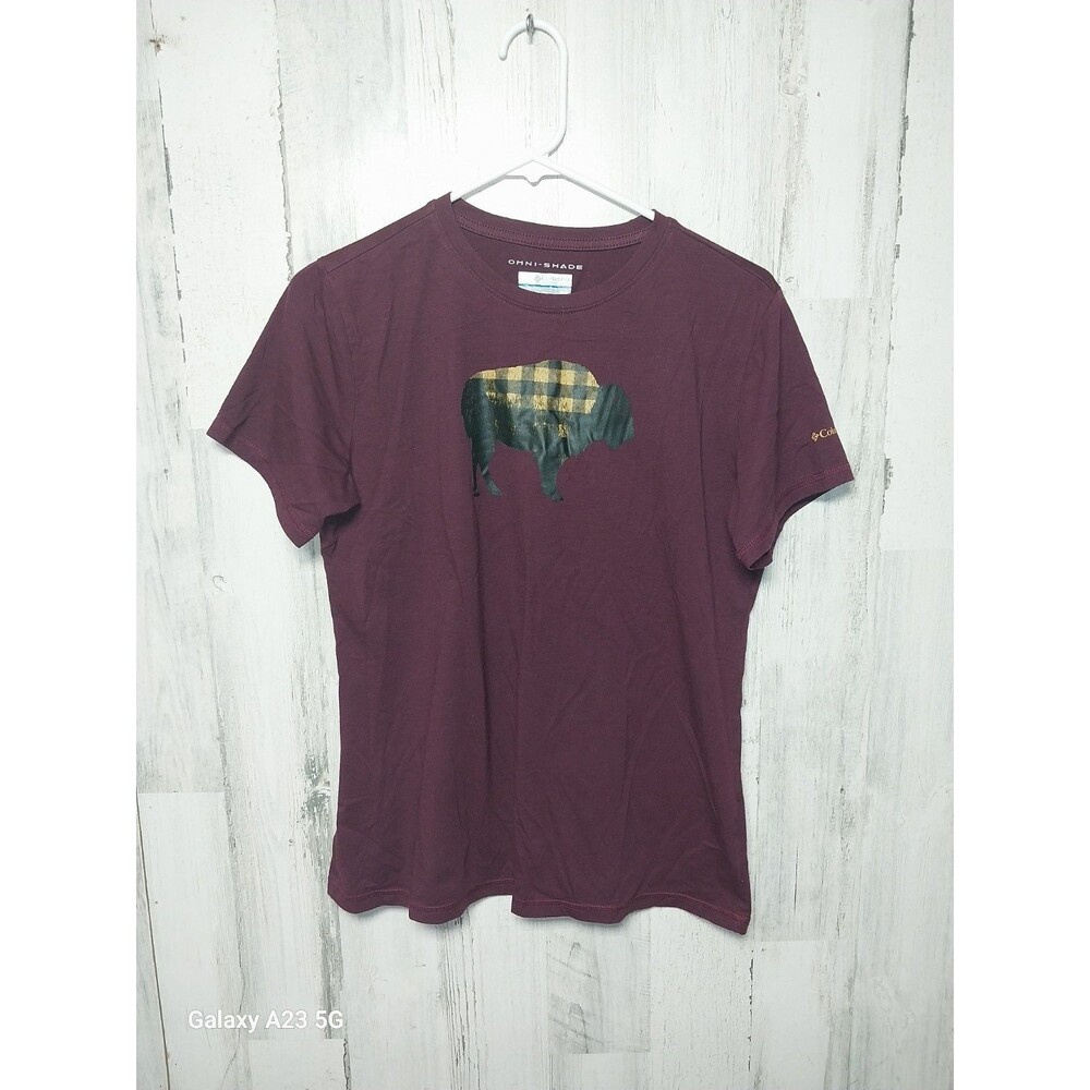 Womens Medium Columbia Omni Shade Buffalo Plaid Maroon Tee Shirt